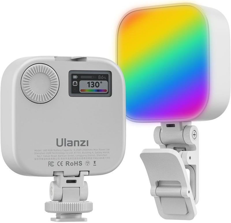 VIJIM ضوء الفيديو RGB Ulanzi U60، ضوء كاميرا LED محمول مع 360° لون CRI≥95 2500-9000K مصباح لوحة قابل للتعتيم، إضاءة تصوير LED بسعة 2500mAh مع محول حذاء بارد سريع الإطلاق ومشبك - أبيض - Image 1